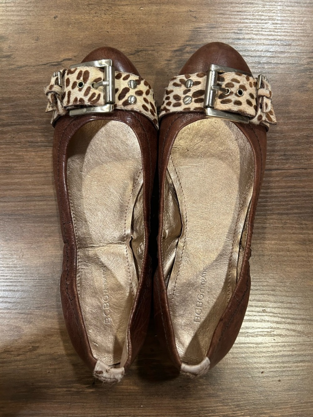 BCBGeneration Brown Leather Ballet Flats with Leopard Buckle Accent